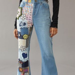 Urban Outfitters BDG Indigo Craft Patchwork High Waisted Blue Flare Jeans